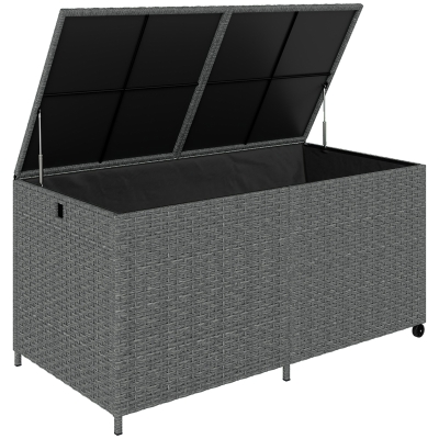 Outsunny Rattan Auflagenbox 650L wetterfest UV-beständig Kissenbox mit Deckel Rollen Stauraum 150 x 75 x 74 cm Dunkelgrau