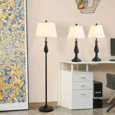 HOMCOM 3er-Set Stehlampen-Set inkl. 2 Tischleuchten, 1 Stehleuchte, Tischlampen-Set mit E27 Fassung, Lampenschirm aus Leinen Standlampe für Wohnzimmer, Schlafzimmer, Weiß+Schwarz