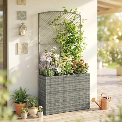 Outsunny Rattan Planter with Trellis Raised Bed Dark Grey