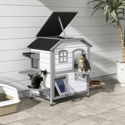 PawHut Kattenhuis Kattenhok Kattenhol, 2 Verdiepingen, weerbestendig, 78,1 cm x 55,2 cm x 90,8 cm, Wit + Grijs
