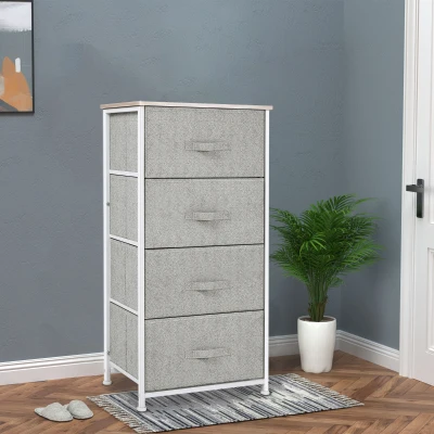 HOMCOM Cómoda con 4 Cajones de Tela, Cómoda para Dormitorio, Marco de Acero, Cajonera para Salón, Oficina, Vestidor, Gris