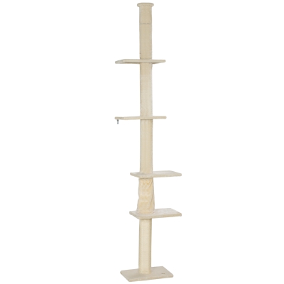 PawHut Krabpaal Plafondhoog, Verstelbaar 225-275 cm Kattenboom, Kattenkrabpaal met Krabpalen, 5 Platforms, Kattentoren voor middelgrote katten, Crèmewit
