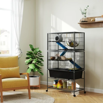 PawHut Kleindierenkooi, Huisdierkooi met 5 Niveaus, Anti-Slip Rampen, Hangmat, 88 x 48 x 150,5 cm, Donkergrijs