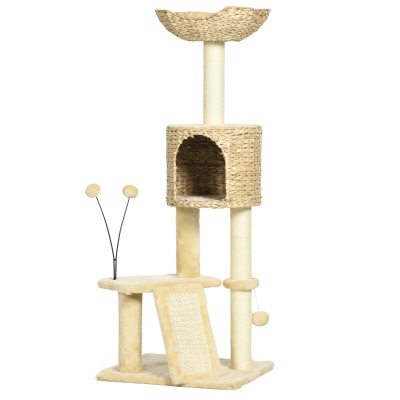 PawHut Krabpaal met Kattenhol, Ligplatform, Speelbal, 45x40x116cm, Bruin/Beige