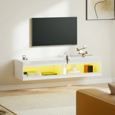 HOMCOM TV-kast, Hangend TV-lowboard met RGB LED-verlichting in 16 kleuren, TV-staander met open opbergruimte, voor 55-60 inch tv's, voor woonkamer, slaapkamer, 140 x 40 x 30 cm, Hoogglans wit
