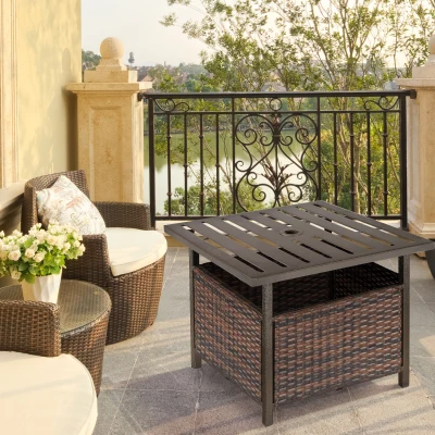 Outsunny Rattan Wicker Patio Coffee Table with Umbrella Hole Brown