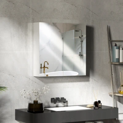 HOMCOM 60 x 15 cm Double Door Bathroom Mirror Cabinet - White