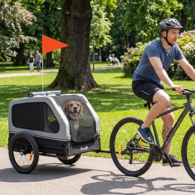 PawHut Opvouwbare Fietsaanhanger voor Middelgrote Honden tot 20kg Helling, Reflectoren, Lijn en Vlag Grijs