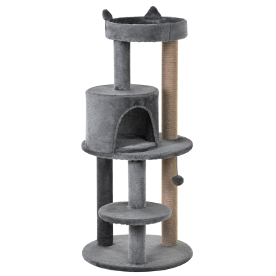 PawHut krabpaal kattengrot kattenhuis 4 verdiepingen met speelballen zitstok, sisalzuil en krabplank, groot, stevig, luxe, sisal pluche grijs 48 x 48 x 104 cm
