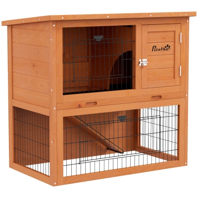 PawHut Two-Tier Wood Rabbit Hutch 80cm with Run - Orange