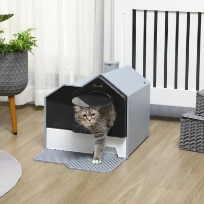 PawHut Caixa de Areia Fechada para Gatos com Bandeja Amovível Pá e Filtro Desodorizante 47x45x42 cm Cinza