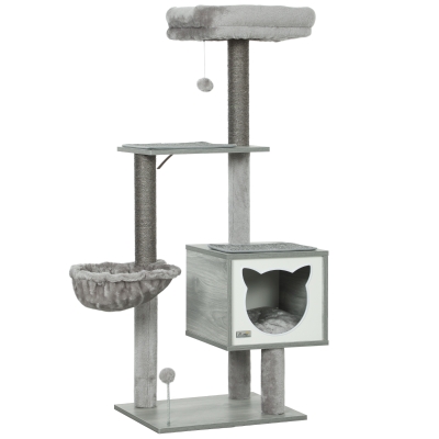 PawHut Arranhador para Gatos com Plataforma Rede Caverna Cama Postes de Sisal e Bolas de Brincar 48x40x126 cm Cinza
