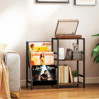 HOMCOM 3-Tier Record Player Stand, End Table for Living Room, Bedroom - Rustic Brown