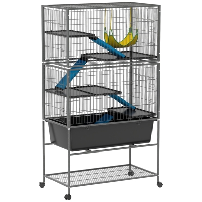 PawHut Kleindierenkooi, Huisdierkooi met 5 Niveaus, Anti-Slip Rampen, Hangmat, 88 x 48 x 150,5 cm, Donkergrijs