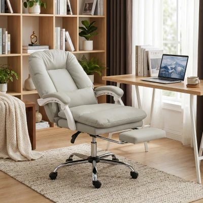 HOMCOM Executive Office Chair Velvet Reclining Footrest Khaki