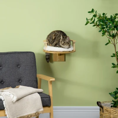 PawHut kattenklimwand, kattenbed voor aan de muur, kattenbed voor wandmontage, kattenhangmat, kattenplatform met kussen, kattenmeubilair, eiken+crèmewit, Ø34 x 10,5 cm