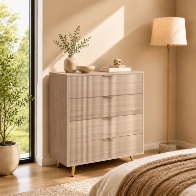 HOMCOM Chest of Drawers 4-Drawer Fluted Storage Cabinet Natural