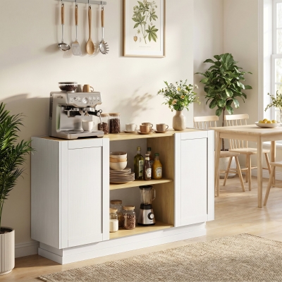 HOMCOM Aparador Moderno com 2 Prateleiras Abertas e 2 Portas de Fecho Suave para Sala de Jantar e Sala de Estar 133x35x79,7 cm Natural e Branco