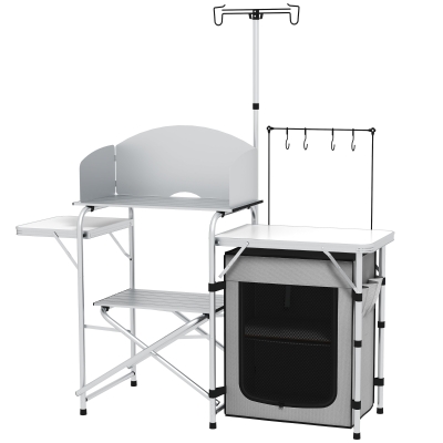 Outsunny Campingküche, faltbar, 3 Arbeitsplatten, Windschutz, Stoffschrank, 144x48x119cm, Silber
