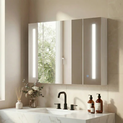 kleankin Specchio Bagno 3 Armadietti 3 Ripiani e Luce LED Bianco
