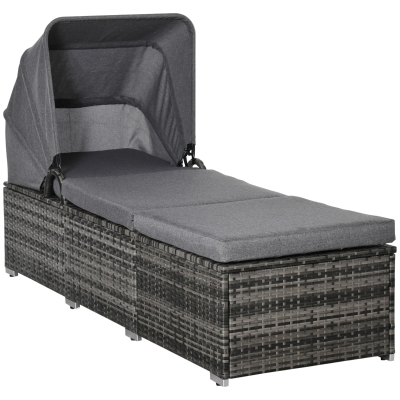 Outsunny Sonnenliege aus Polyrattan mit Sonnendach Gartenliege verstellbar Rattanliege Gartenmöbel Liege mit Kissen Grau 195 x 65 x 40 cm