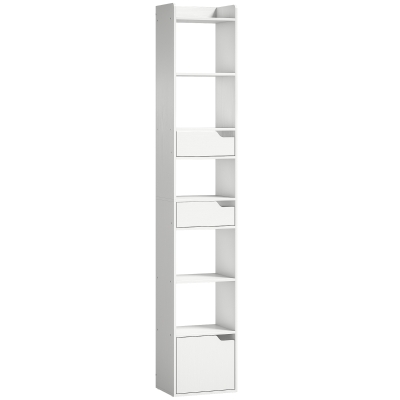 HOMCOM Estante para Livros com 2 Gavetas e Porta Estante Estreita com 6 Prateleiras Abertas 32x24x181,5 cm Branco