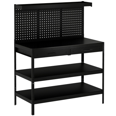 HOMCOM Werkbank met verstelbare planken, robuuste werkstation met perforatiewand en 2 lades, 122 x 61 x 156 cm, Zwart
