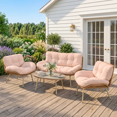 Outsunny Gartenmöbel Set 4-teilig Polyrattan Lounge-Set mit Zweisitzer 2 Sessel Tisch Tiefem Sitz Dicke Kissen