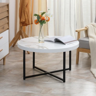 HOMCOM Mesa de Centro Mesa de Salón Redonda con Encimera Símil Mármol y Marco de Metal Estilo Moderno 80x80x45 cm Blanco
