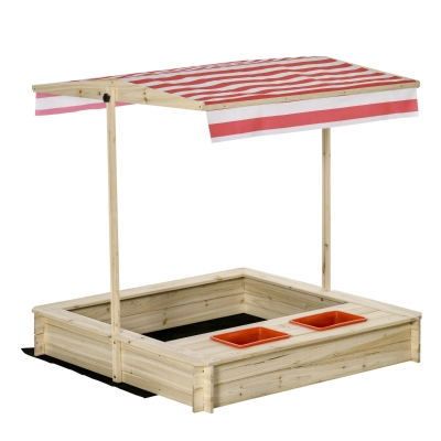 Outsunny Caixa de Areia Infantil de Madeira com Teto Inclinável Ajustável em Altura e 2 Bandejas Auxiliares Caixa de Areia de Jardim para Crianças acima de 3 Anos 118x118x118cm Natural e Vermelho