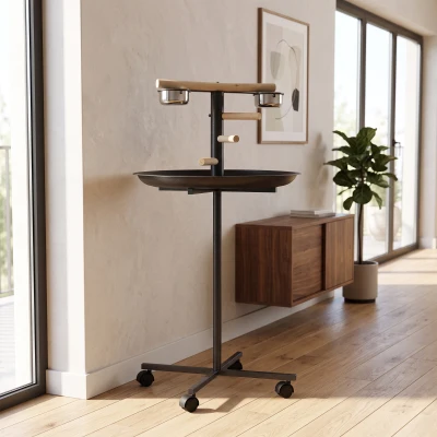 PawHut Perchoir Perroquet sur Pied Ø60cm 2 Mangeoires Acier