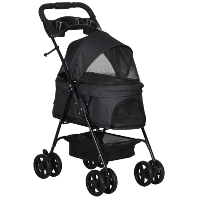 PawHut Carrinho para Cães Dobrável com Rodas Universáis Cesta de Armazenamento Correias de Segurança e Janelas 67x45x96 cm Preto