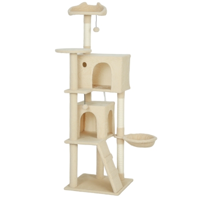 PawHut Arranhador para Gatos com Múltiplas Plataformas Cama 2 Cavernas Rede Escada Postes de Sisal 48x48x160 cm Bege