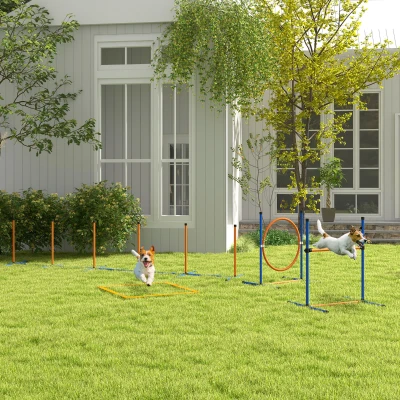 PawHut Honden-Agility-Set Hondenparcours, 1 Ring, 1 Horden, 1 Slalom-Set, 352 cm x 66 cm x 69 cm, Blauw + Rood