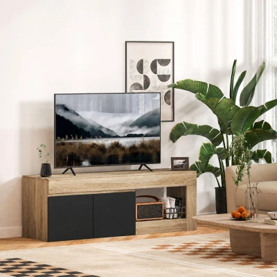 HOMCOM Meuble TV Noir 2 Portes avec Placard et Étagère