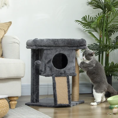 PawHut Arranhador para Gatos Pequenos 57 cm com Rampa para Arranhar Caverna Cama e Bola Suspensa 40x40x57 cm Cinzento Escuro