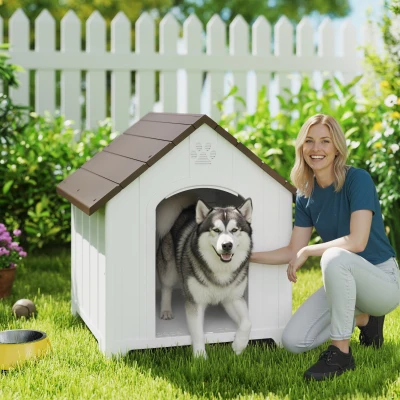 PawHut Caseta para Perros Exterior Casa para Perros Extragrandes de Plástico con 2 Ventanas Base Elevada Estacas Marrón Oscuro