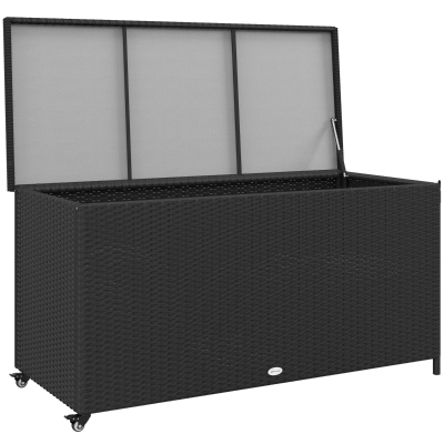 Outsunny Baule da Giardino in Rattan PE con Ruote e Maniglia Nero