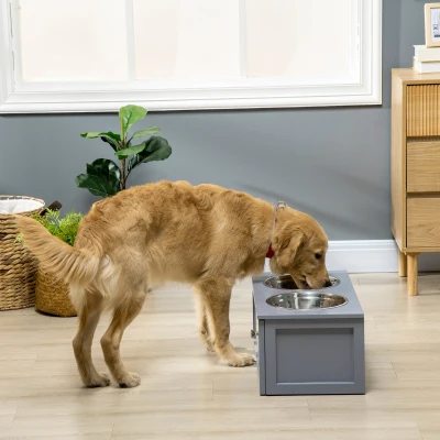 PawHut voerstation, 2 voerbakken van elk 2 liter, roestvrij staal, met lade, voor middelgrote honden, grijs, 60 x 30 x 24 cm