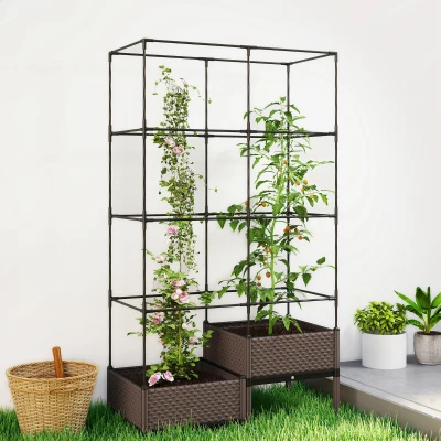 Outsunny Floreira com Grade Metálica para Plantas Trepadeiras 2 Caixas de PP com Orifícios de Drenagem 100x50x174 cm Preto