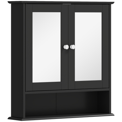 kleankin Armário de Casa de Banho com Espelho Armário de Parede com 2 Portas Prateleira Aberta e Ajustável 56x13x58cm Preto