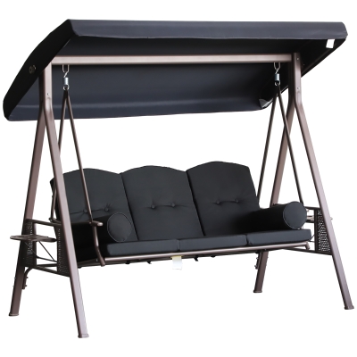 Outsunny Banco Baloiço de Jardim de 3 Lugares com Teto 2 Almofadas Suporte para Bebidas 207x120,5x174 cm Preto