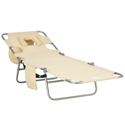 Outsunny Gartenliege, Liegestuhl mit gepolsterter Gesichtsöffnung, Massage-Liege für draußen, Seitentasche, Stoff, Metall, Beige