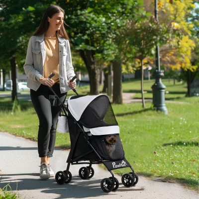 PawHut Luxe Huisdierenwagen met Veiligheidslijnen en Netvensters, 76L x 44B x 103H cm, Lichtgrijs