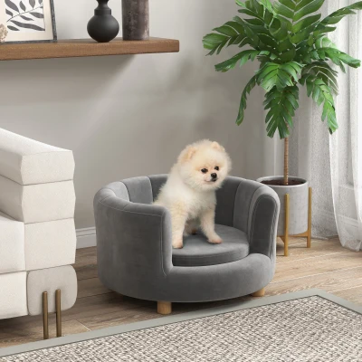 PawHut Huisdierenbed voor Honden en Katten, met Houten Poten, Verhoogd, Flanelhoes, Afneembaar Kussen, Grijs