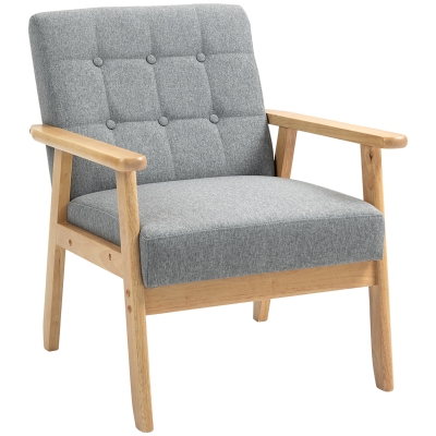 HOMCOM Poltrona Sala de Estar Estofada em Linho com Apoio para os Braços e Estrutura de Madeira de Borracha 64x75x76 cm Cinza Claro