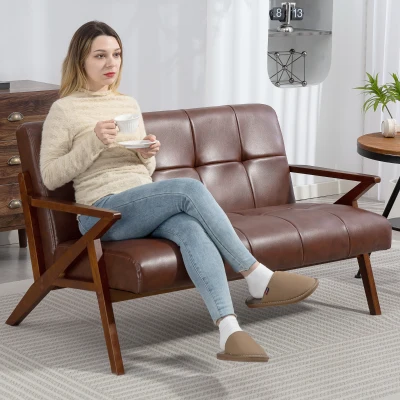 HOMCOM Compact 2 Seater Sofa, Vintage Tufted Loveseat Sofa with Solid Wood Legs, PU Leather Small Couch Settee for Living Room, Bedroom, Home Office, 133 x 81 x 78.5 cm, Brown
