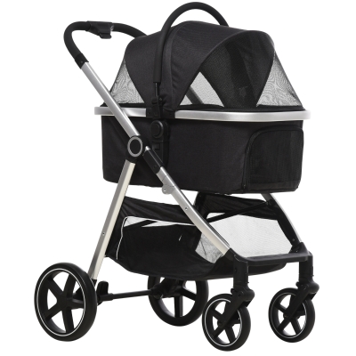 PawHut 2-IN-1 Hondenbuggy Huisdierbuggy, inclusief kussen, opvouwbaar, 1 opbergmand, 83 cm x 58 cm x 102 cm, Zwart