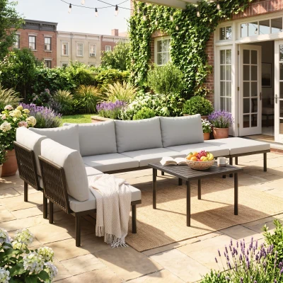 Outsunny Lounge Gartenmöbel Set 5-6 Personen Gartenlounge Set mit 2 Sitzer Gartensofa 2 Stühle Eckstuhl Lamell-Tisch Fußhocker