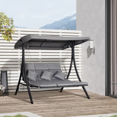 Outsunny Hollywoodschommel 3-zitter tuinschommel verstelbaar dak Textileen grijs